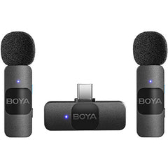 Sistema de micrófono inalámbrico 2.4 GHz ultracompacto para 2 personas con conector USB-C para dispositivos móviles BOYA BY-V20