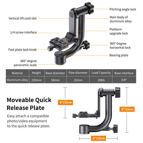 Cabezal de Trípode Gimbal con QR tipo arca K&F Concept KF31.033